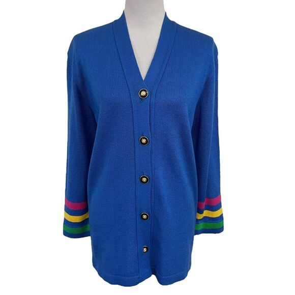 St John Cardigan Blue with Rainbow Stripe Sleeve - Picture 1 of 9